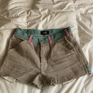 Stan Ray Brown & White Pinstriped Jean Shorts with Teal Waistband